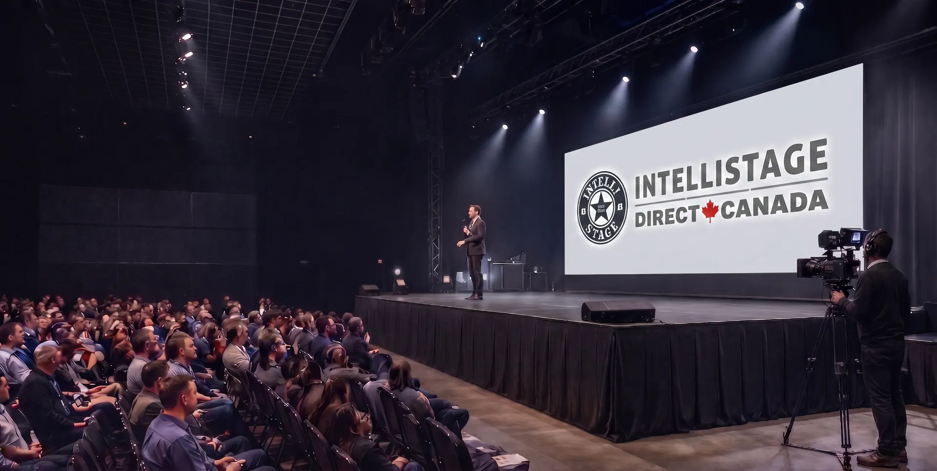 Professional event with a modular stage, presenter and audience