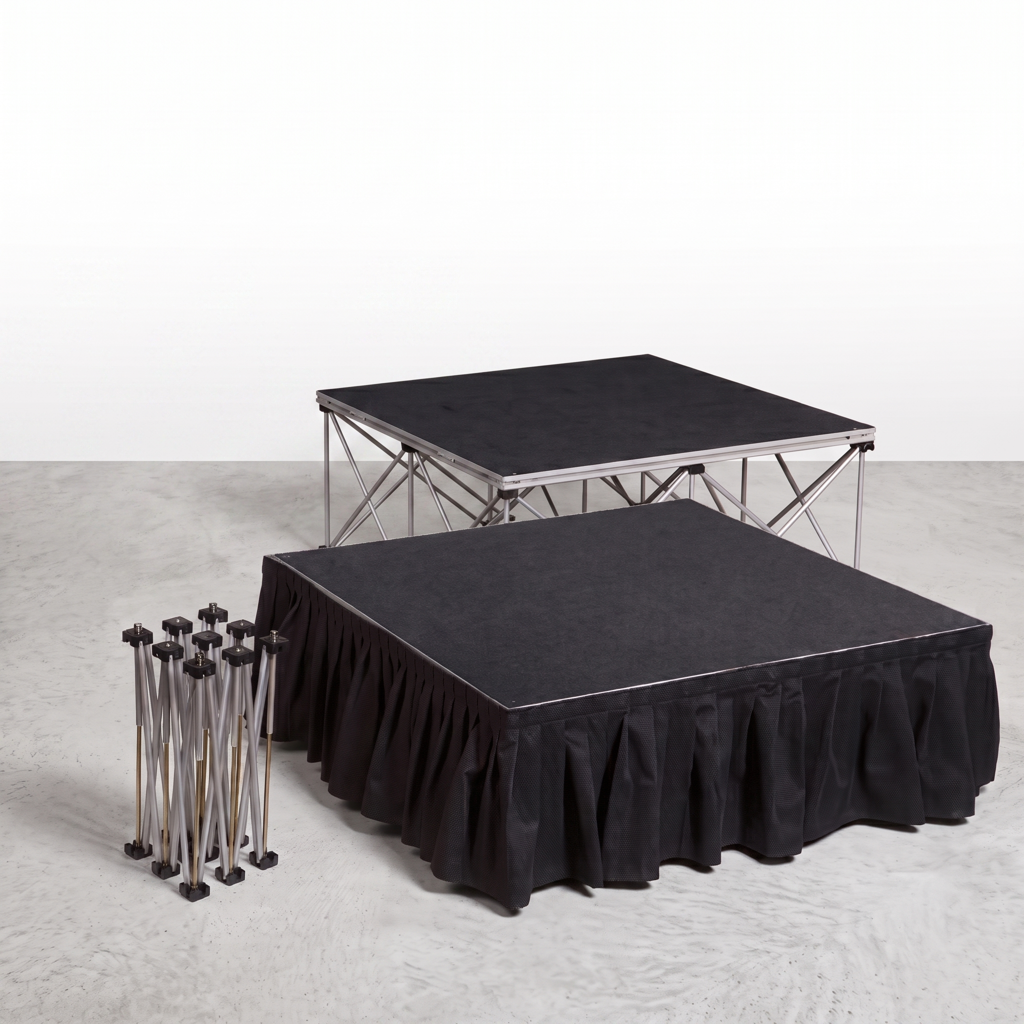 Intellistage platforms, collapsible risers, skirting and transport case